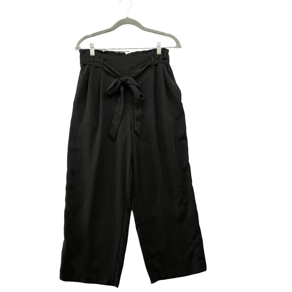 Zara Wide Leg‎ Crop Dress Pants Womens Large L Black Tie Waist High Rise